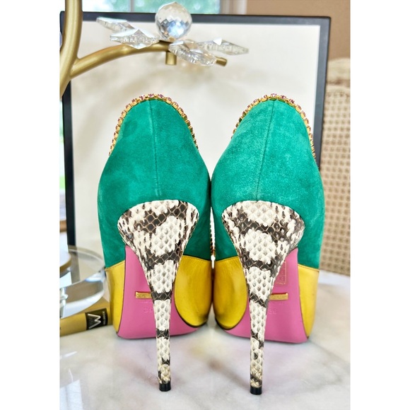 Gucci Metallic Nappa Kid Scamosciato Elaphe Snakeskin Pumps in Emerald Roccia - Picture 6 of 10